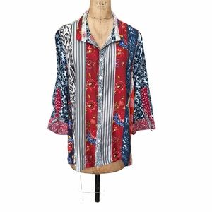 John Mark Multicolor Mixed Print Floral 3/4 Sleeve Button-Up Shirt L Wired Neck